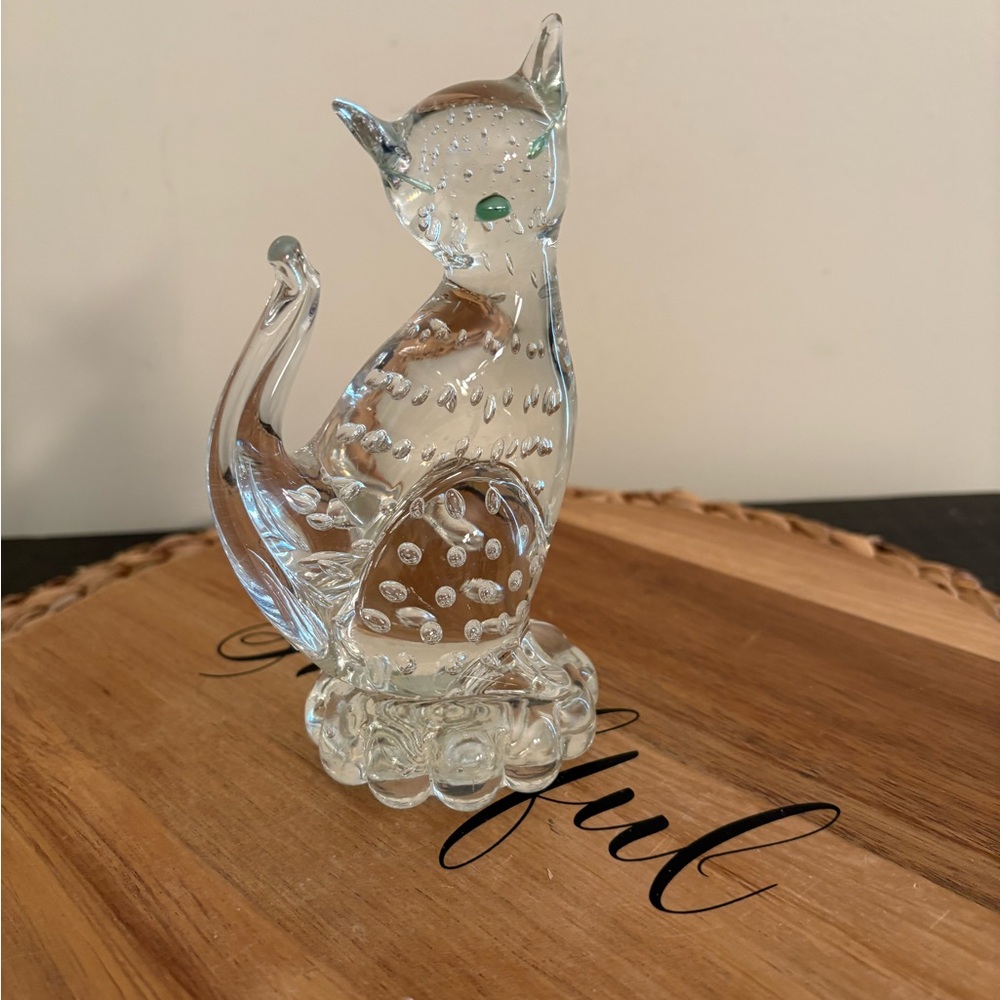 Elegant Glass Cat Figurine with Bubbles with Green Eyes